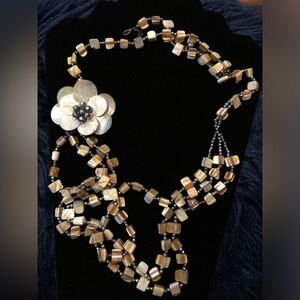 Cookie Lee Shell Beaded 3 layer Necklace Vintage Shell Iridescence Shell Brooch